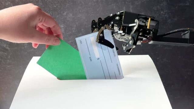 A hand presents a green card as a robotic arm inserts a paper ballot with a visible blank check into a slot, set against a dark background.
