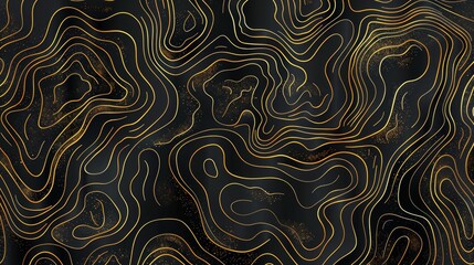 Topographic line map pattern background vector illustration with dark black and gold colors, topographical lines.