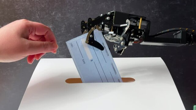 A hand holds a "Vote" card while a robotic arm inserts a paper ballot with a visible blank check into a slot.