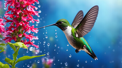 Fototapeta premium Tiny, colorful bird near flowers, drinking raindrops