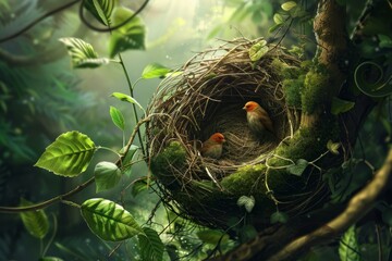Two birds are sitting in a nest made of twigs and moss, surrounded by lush green foliage