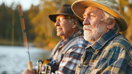 Obraz premium Two senior men fishing together by a lake at sunset.