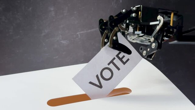 A robotic arm holds a "Vote" card, placing it into a slot on a white surface with a dark background.