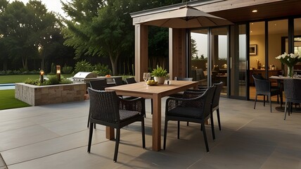 Describe a buffet exterior with a spacious patio for outdoor dining.
