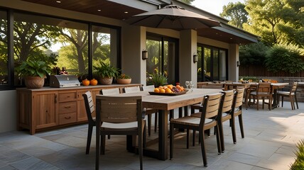 Describe a buffet exterior with a spacious patio for outdoor dining.
