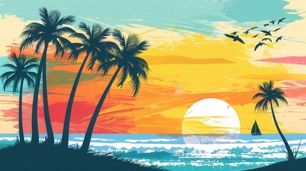 Obraz premium A simple and bright illustration of palm trees silhouetted against a vibrant sunset with a sailboat on the ocean. Generative AI