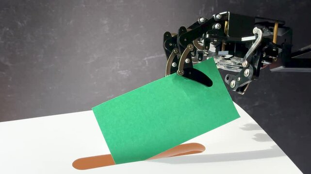 A robotic arm holds a green card, placing it into a slot on a white surface with a dark background.