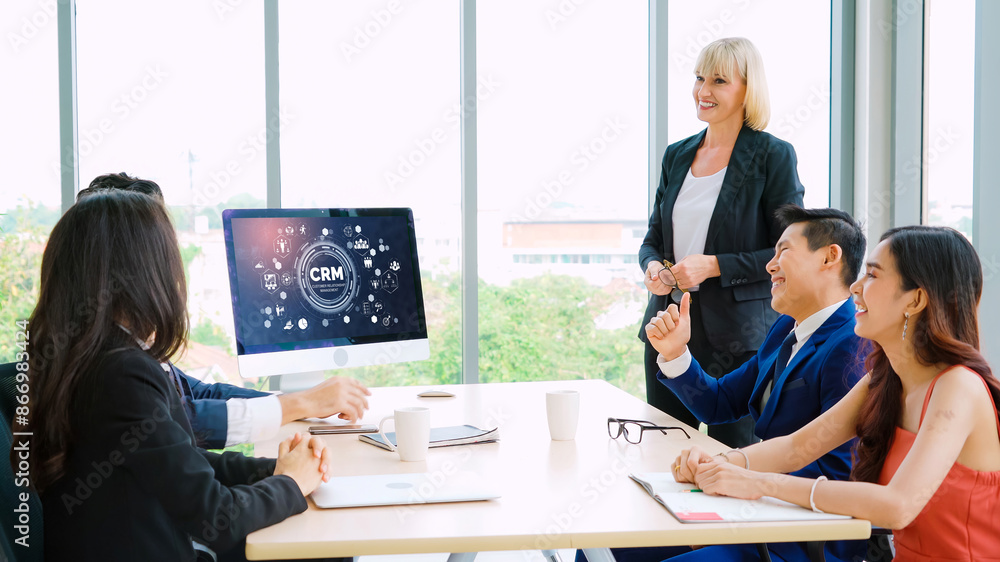 Poster customer relationship management system on modish computer for crm business and enterprise