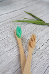 Closeup of pair of toothbrushes made with bamboo wood on table