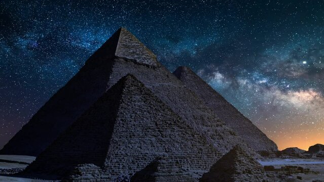 Egypt Pyramids of Giza and Milky Way Galaxy Rising Tilt Up in the Night Sky