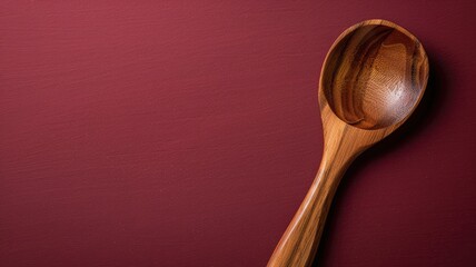 Wooden spoon on dark red background, emphasizing texture and grain