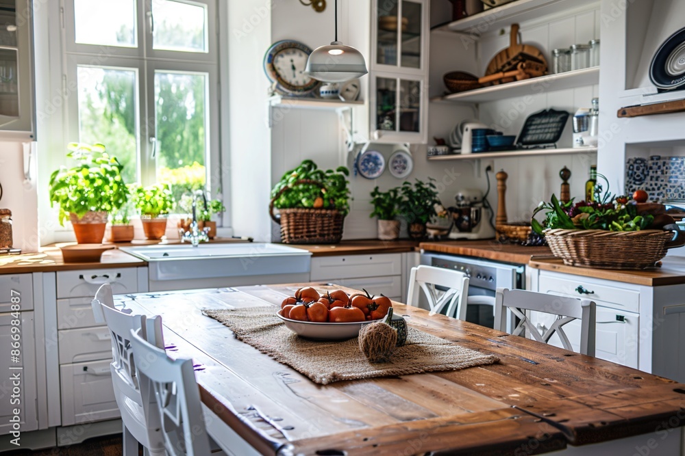 Poster kitchen interior details. cozy farmhouse style kitchen interior with wooden table and white classic 