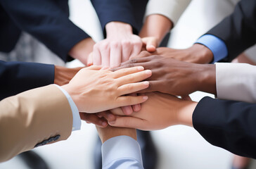 A group of business professionals stacking their hands in a supportive gesture, highlighting unity, teamwork, and collaborative effort
