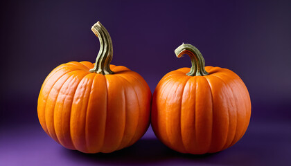 two pumpkins in a purple background