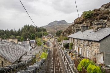 Narrow gauge Double steam locomotive heritage line in Tanygrisiau village that runs through Snowdonia National Park