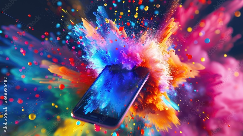 Poster smartphone exploding with vibrant colors, creating dynamic and energetic visual effect