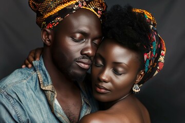 Obraz premium Young black couple wearing traditional african headdresses is embracing with their eyes closed
