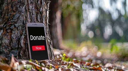 Mobile phone by tree with "Donate Now" button