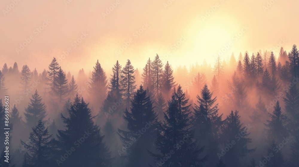 Poster a serene forest landscape at dawn, with trees bathed in the golden light of the rising sun. mist add