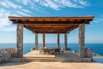 Fototapeta premium Stone and Wood Pergola with Ocean View