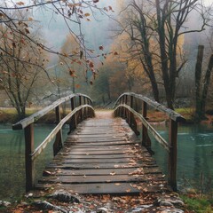 Fototapeta premium Wooden bridge over a river in an autumn forest
