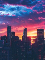 Fototapeta premium Stunning cityscape silhouette at sunset, featuring vibrant pink and blue skies. Perfect for real estate and urban development. Generative AI