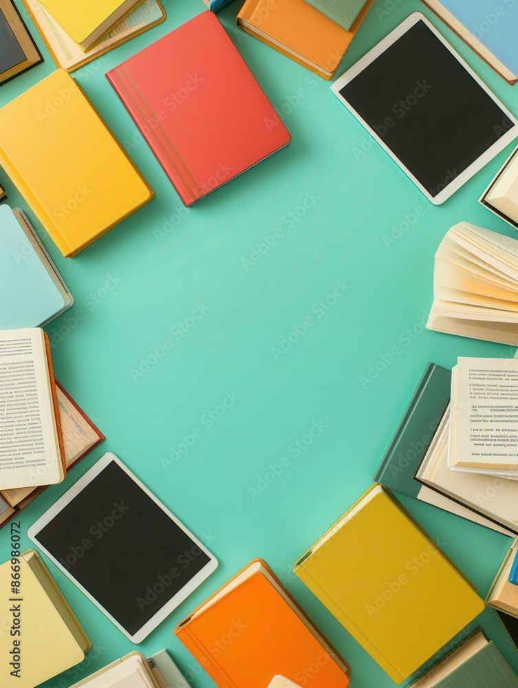 Fototapete a flat lay image of colorful tablets and e-readers surrounding a teal background, showcasing the con