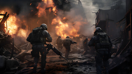 Soldiers pushing forward amidst the chaos of modern war in intense combat engagement.