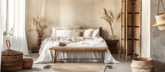 Selective Emphasis on Home Decoration: Cozy Bedroom with Bohemian Interior Elements including Fabric Bedding, Wooden Bench, Bamboo Divider, Dried Plants in Vase, and Wicker Basket.