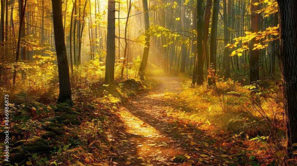 Poster forest of green with trees displaying autumn hues a winding path and sunlight filtering through mist