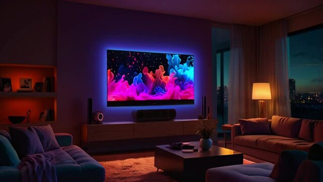 A living room with a large TV mounted on the wall. There is a coffee table in front of the couch and a lamp on the side table.