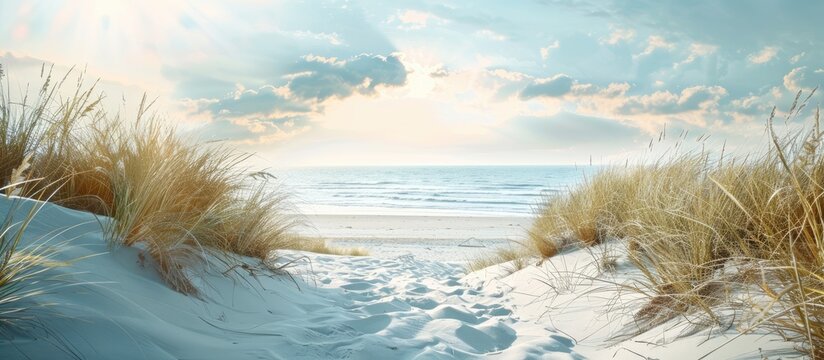 Image with a beach backdrop and room for text, conveying feelings of joy and calmness. Concept of contentment and peace