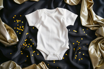 New Year's themed white cotton baby bodysuit with gold circular confetti on black silk background, New Year's Eve pregnancy announcement mockup template, Generative AI	