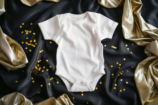 New Year's themed white cotton baby bodysuit with gold circular confetti on black silk background, New Year's Eve pregnancy announcement mockup template, Generative AI	