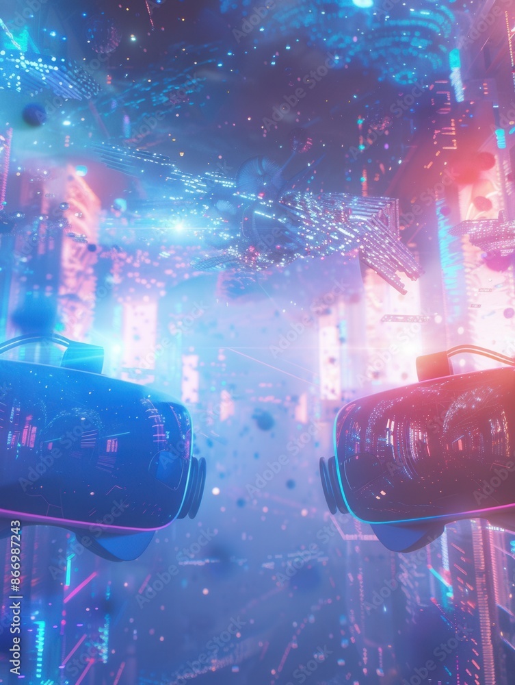 Poster vr headsets and ar glasses float in a futuristic cityscape, showcasing the immersive power of virtua