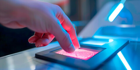 A hand is touching a screen with a red circle. Concept of security and trust, as the person is using their fingerprint to access a device or system