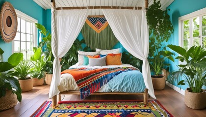 A bohemian bedroom with a canopy bed, vibrant textiles, and indoor plants
