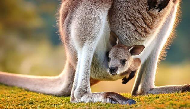 A baby kangaroo peeking out of its mother's pouch