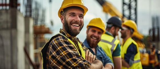 happy of team construction worker working at construction site