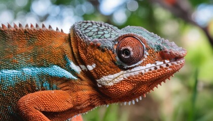 A close-up of a chameleon blending into its surroundings