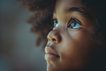 Close up portrait of young child with thoughtful expression looking up with hope in eyes