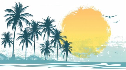 Fototapeta premium A simple yet vibrant illustration depicting a beach scene with silhouetted palm trees and a bright sunset. Generative AI