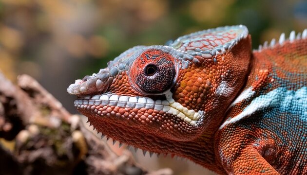 A close-up of a chameleon blending into its surroundings