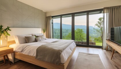 Fototapeta premium A cozy bedroom with a king-size bed, soft lighting, and a large window with a view