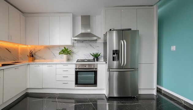 A contemporary kitchen with stainless steel appliances, white cabinets, and a marble counter
