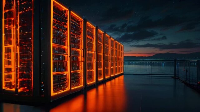 A dark room filled with tall racks of servers with bright orange lights.