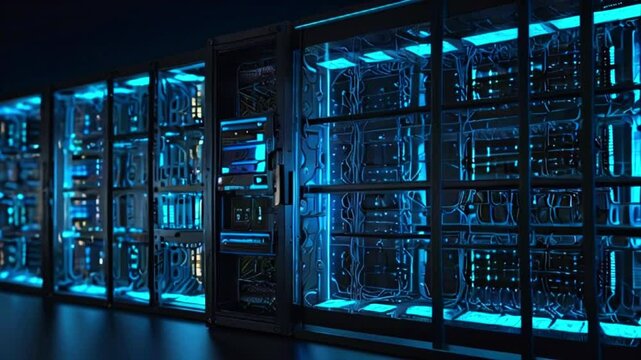 A dark room filled with tall, black server racks with bright, blue lights.