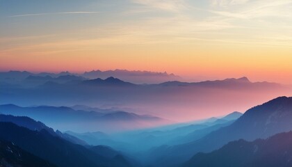 Fototapeta premium A panoramic view of a mountain range at dawn, with layers of peaks fading into the distance,