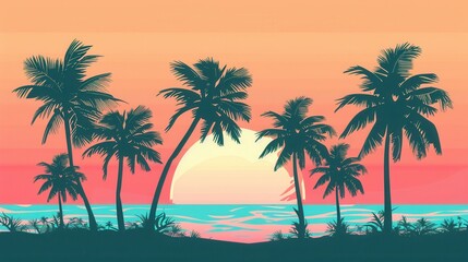 A bright and simple background featuring silhouettes of palm trees against a setting sun and beach. Generative AI