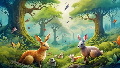 Naklejka premium A whimsical scene featuring rabbits, deer, and birds in a lush, green forest clearing. 